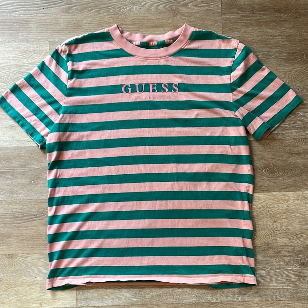 GUESS Pink and Green Striped Casual T-Shirt